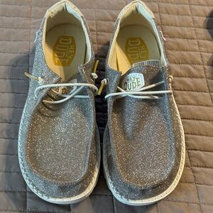 Hey Dude Women's Sparkly Silver With Gold Moccasins